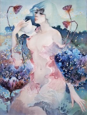 Lotus Lady IV - Vietnamese Watercolor Painting on Silk by Artist Phan Niem