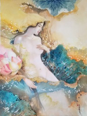 Lotus Lady IX - Vietnamese Watercolor Painting on Silk by Artist Phan Niem