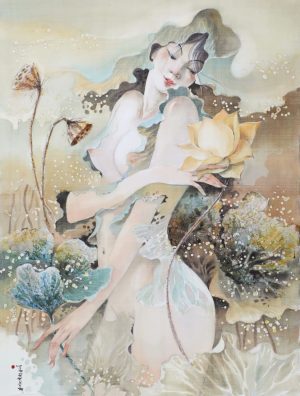 Lotus Lady VI - Vietnamese Watercolor Painting on Silk by Artist Phan Niem