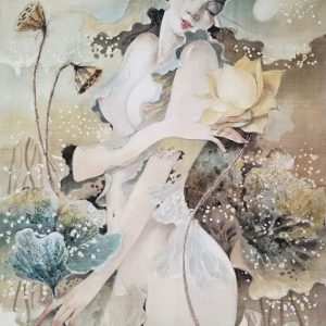Lotus Lady VI - Vietnamese Watercolor Painting on Silk by Artist Phan Niem