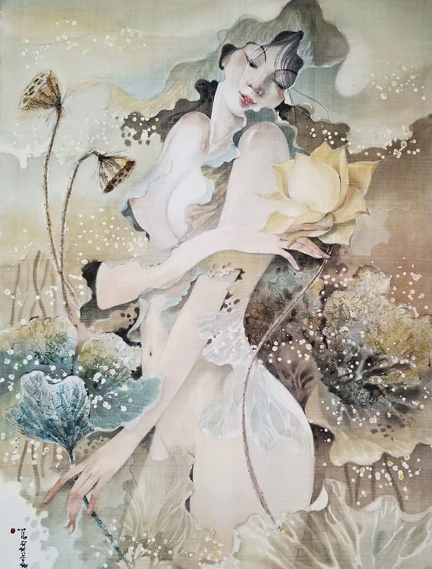 Lotus Lady VI - Vietnamese Watercolor Painting on Silk by Artist Phan Niem