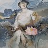 Lotus Lady VII - Vietnamese Water Color Painting on Silk by Artist Phan Niem