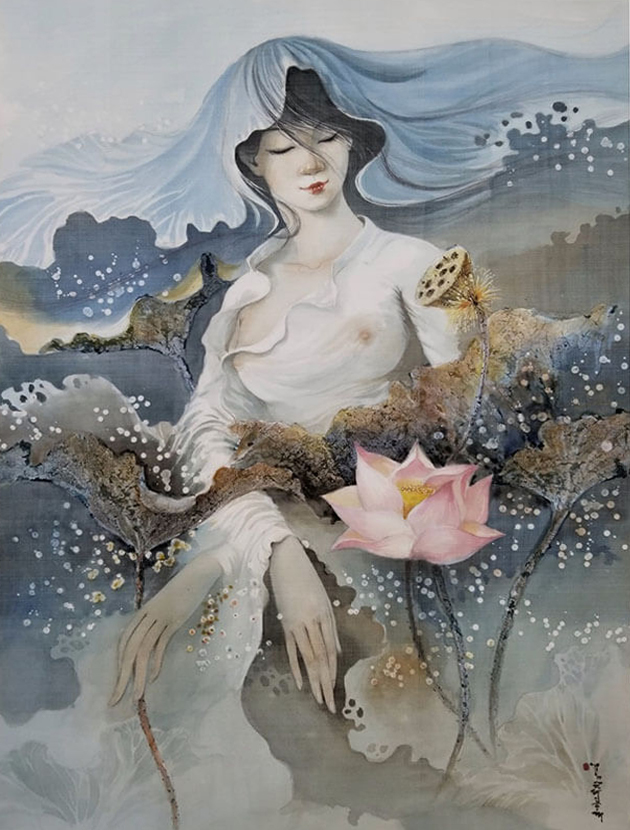 Lotus Lady VII - Vietnamese Water Color Painting on Silk by Artist Phan Niem