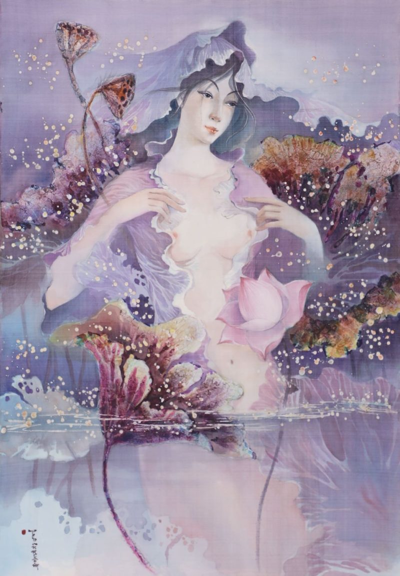 Lotus Lady VIII - Vietnamese Water Color Painting on Silk by Artist Phan Niem