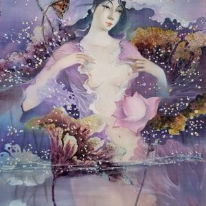 Lotus Lady VIII Vietnamese watercolor painting on silk by artist phan niem