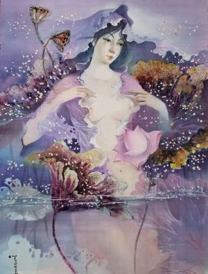 Lotus Lady VIII Vietnamese watercolor painting on silk by artist phan niem