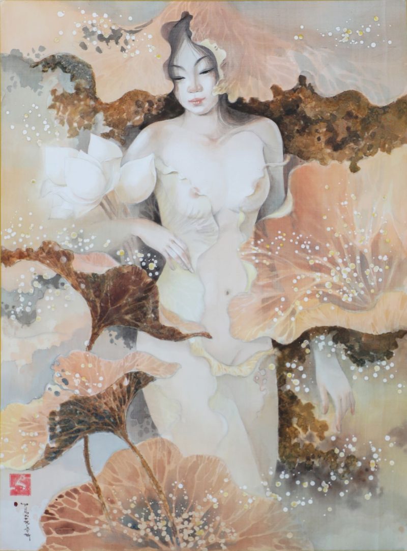 Lotus Lady X - Vietnamese Watercolor Painting on Silk by Artist Phan Niem