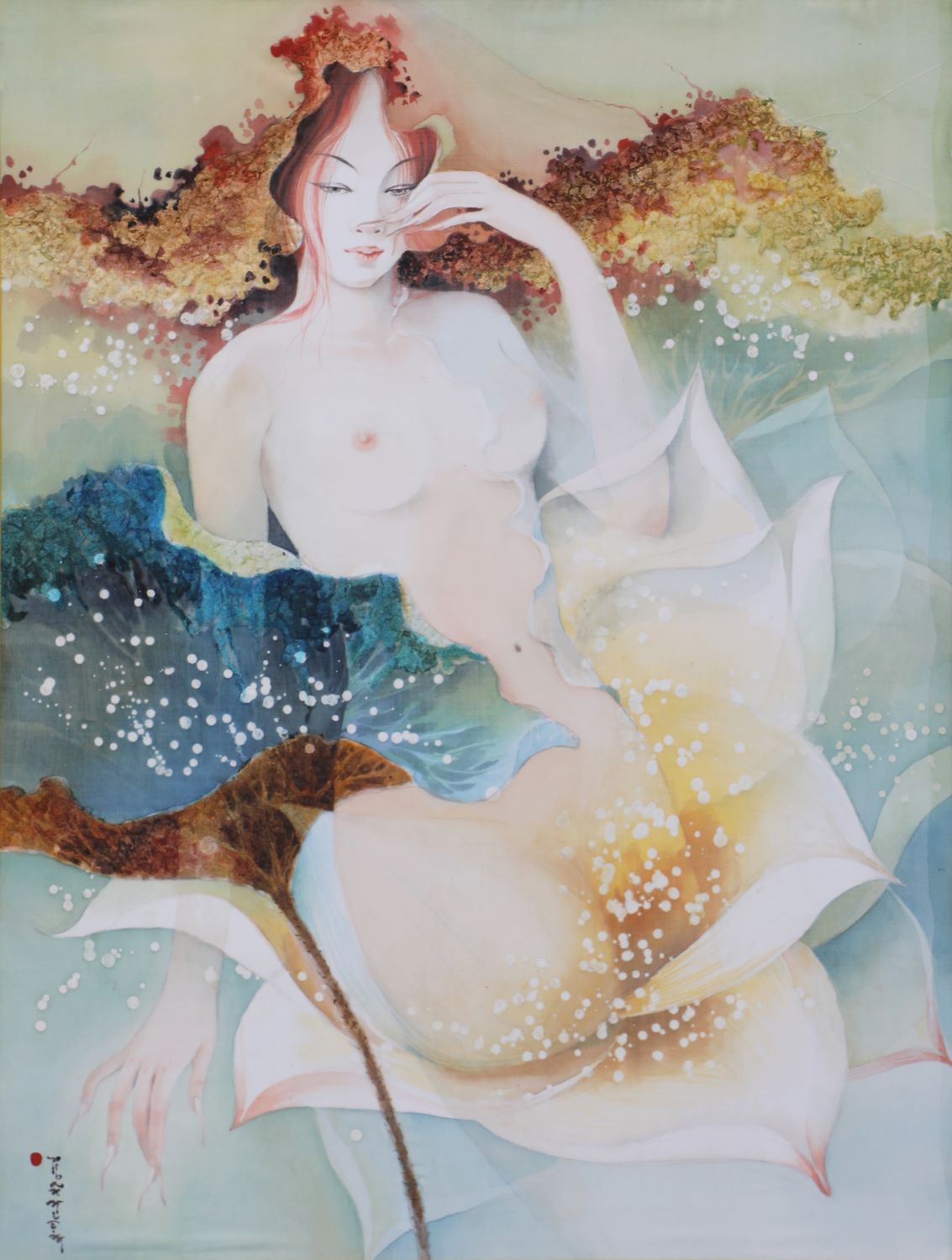 Lotus Lady XI - Vietnamese Watercolor Painting on Silk by Artist Phan Niem