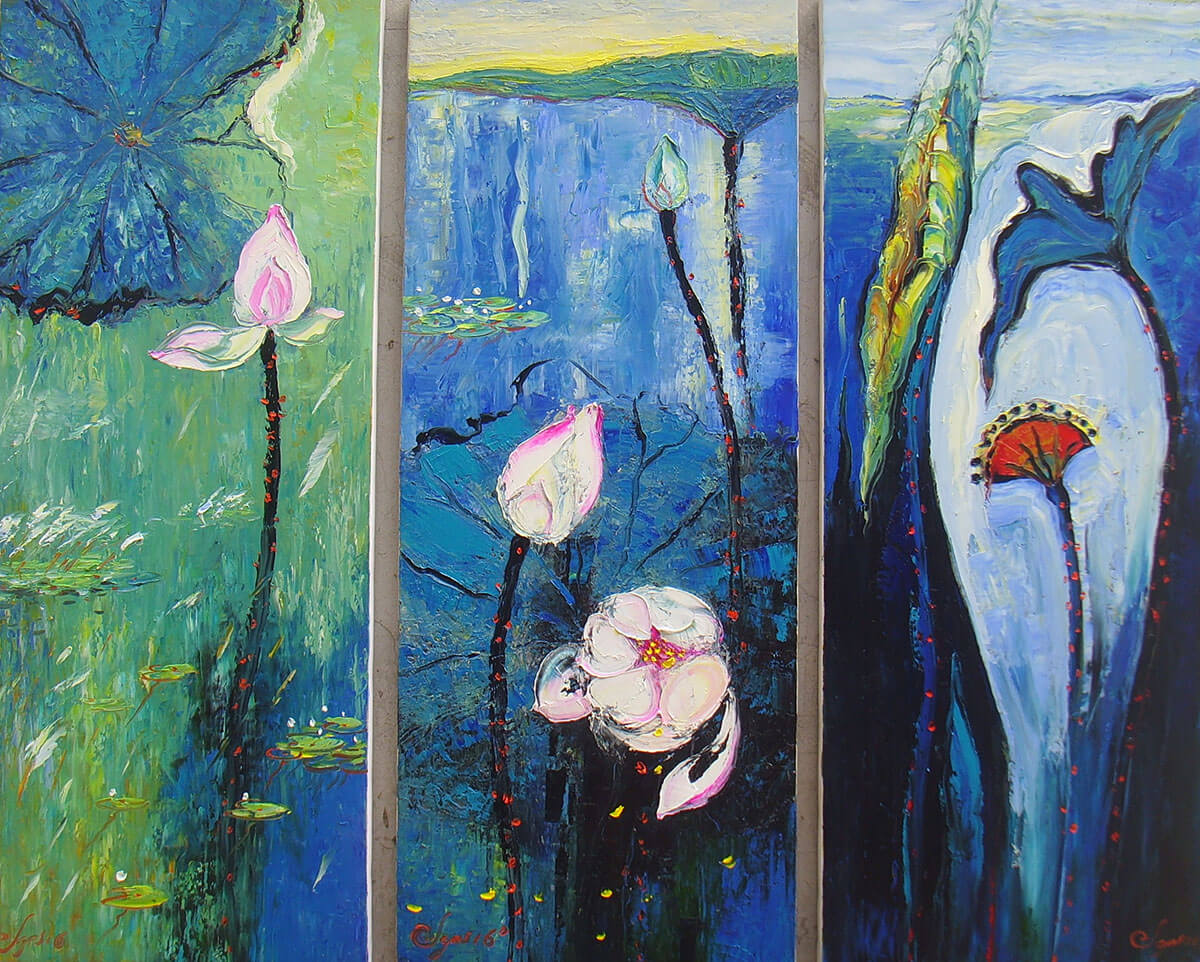 Life of Lotus - Vietnamese Oil Paintings of Flower by Artist Dang Dinh Ngo