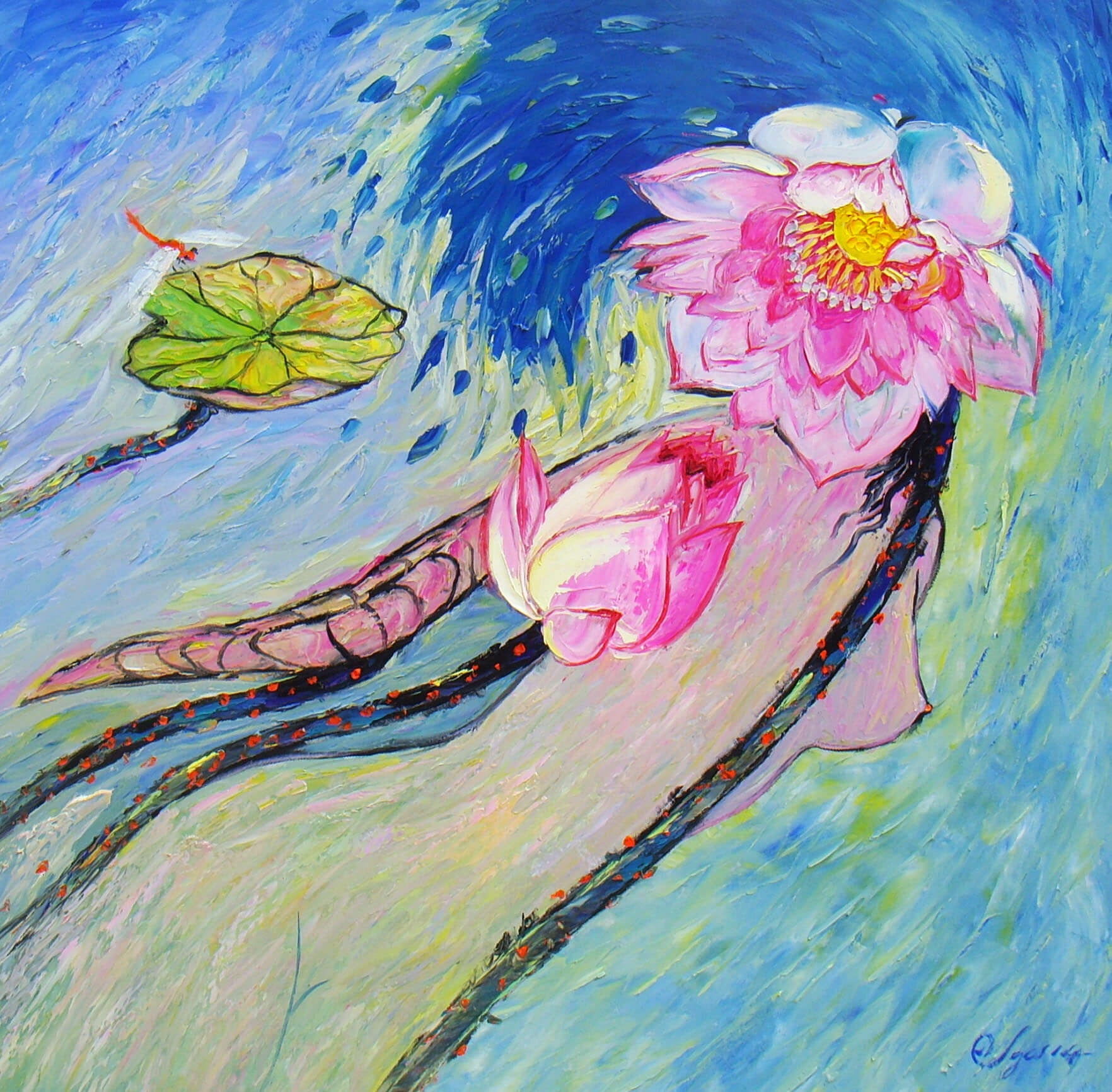 Love of Lotus II - Vietnamese Oil Paintings of Flower by Artist Dang Dinh Ngo