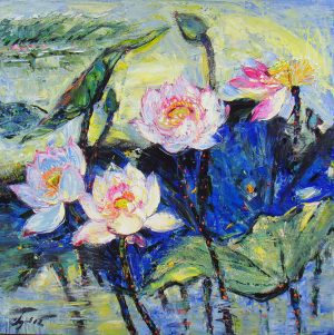 Love of Lotus I - Vietnamese Oil Paintings of Flower by Artist Dang Dinh Ngo
