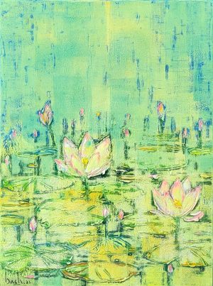 Lotus Pond in the Rain - Vietnamese Oil Painting by Artist Nguyen Phan Bach