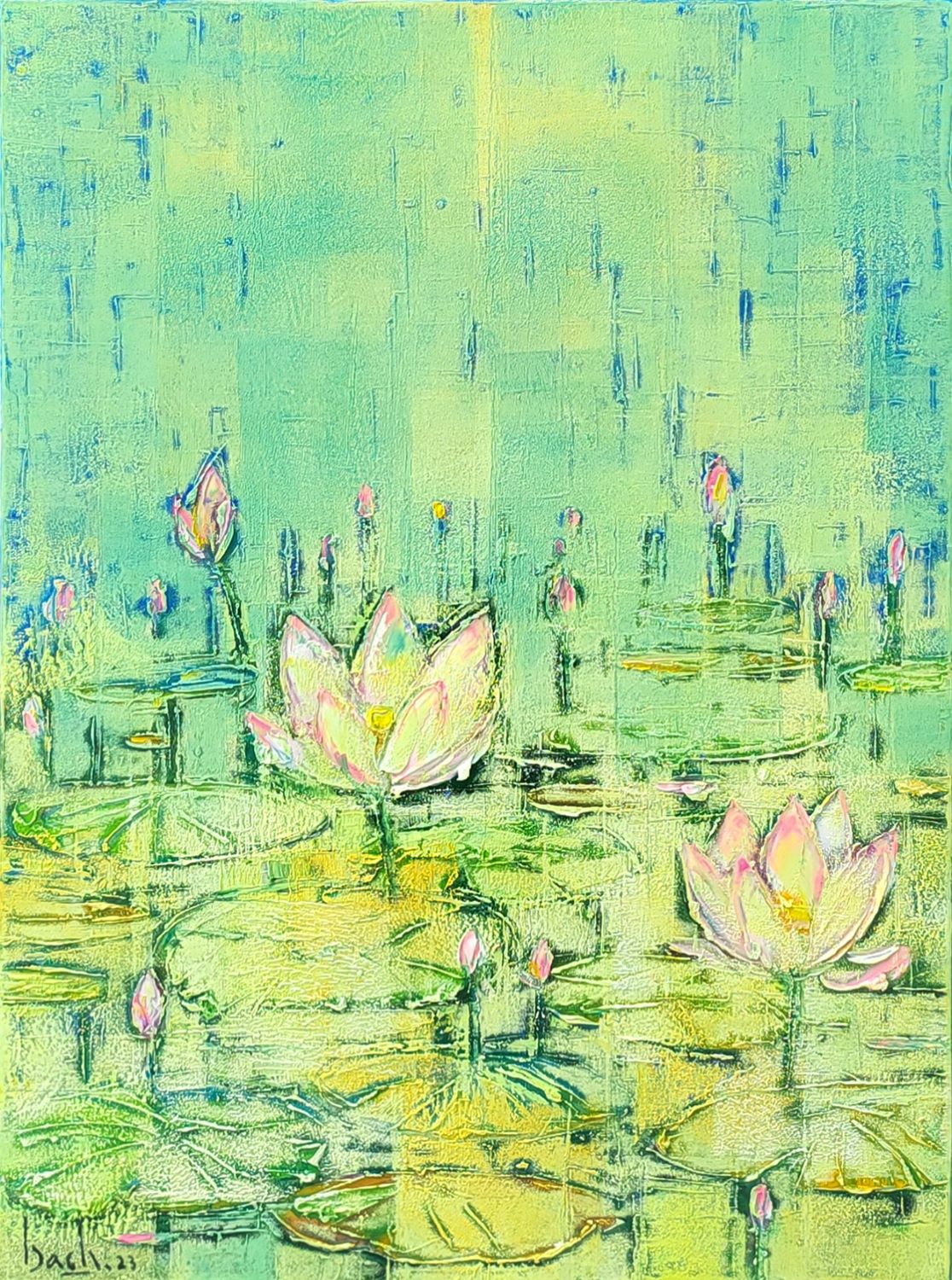 Lotus Pond in the Rain - Vietnamese Oil Painting by Artist Nguyen Phan Bach