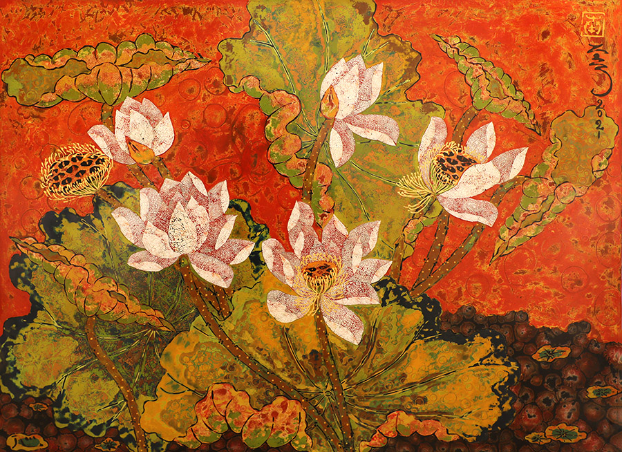 Enlightenment - Vietnamese Lacquer Paintings Lotus by Artist Tran Thieu Nam