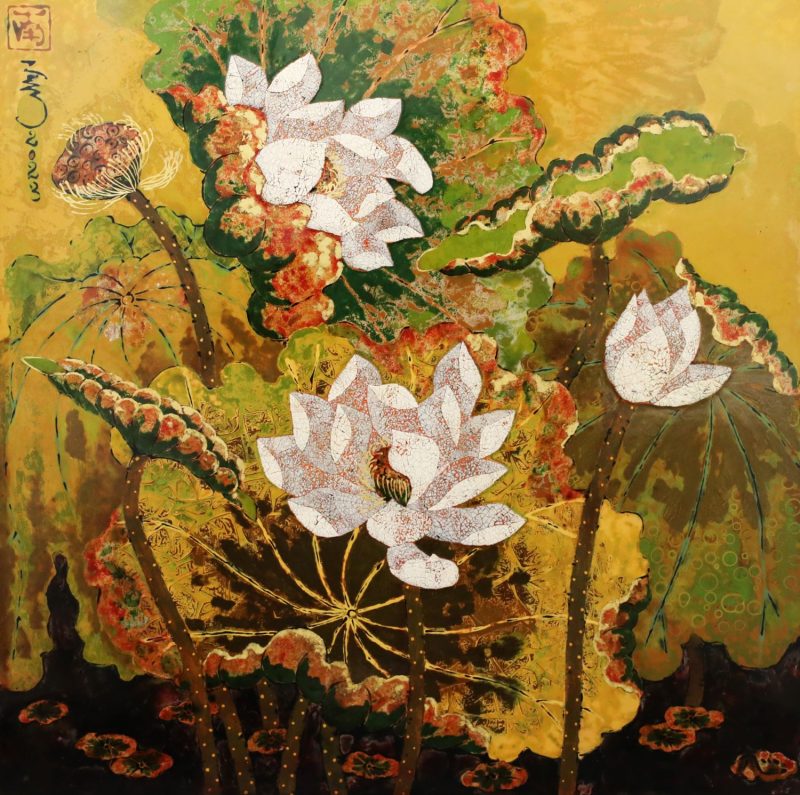 Lotus VI - Vietnamese Lacquer Painting by Artist Tran Thieu Nam