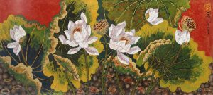 Lotus XIII - Vietnamese Lacquer Paintings Flower by Artist Tran Thieu Nam