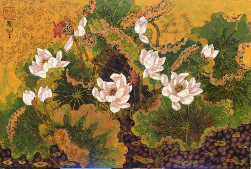 Lotus XIV - Vietnamese Lacquer Paintings Flower by Artist Tran Thieu Nam