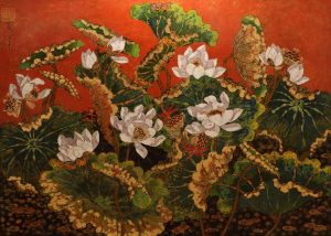 Lotus XVI - Vietnamese Lacquer Paintings Flower by Artist Tran Thieu Nam