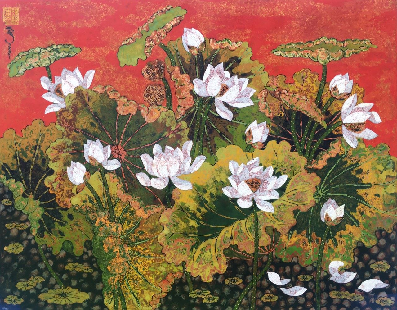 Waggle - Vietnamese Lacquer Paintings Flower by Artist Tran Thieu Nam