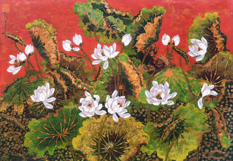Purity - Vietnamese Lacquer Paintings Flower by Artist Tran Thieu Nam