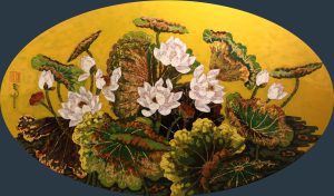Lotus at Dawn II - Vietnamese Lacquer Painting by Artist Tran Thieu Nam