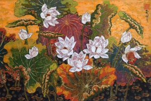 Lotus at Dawn III - Vietnamese Lacquer Painting by Artist Tran Thieu Nam