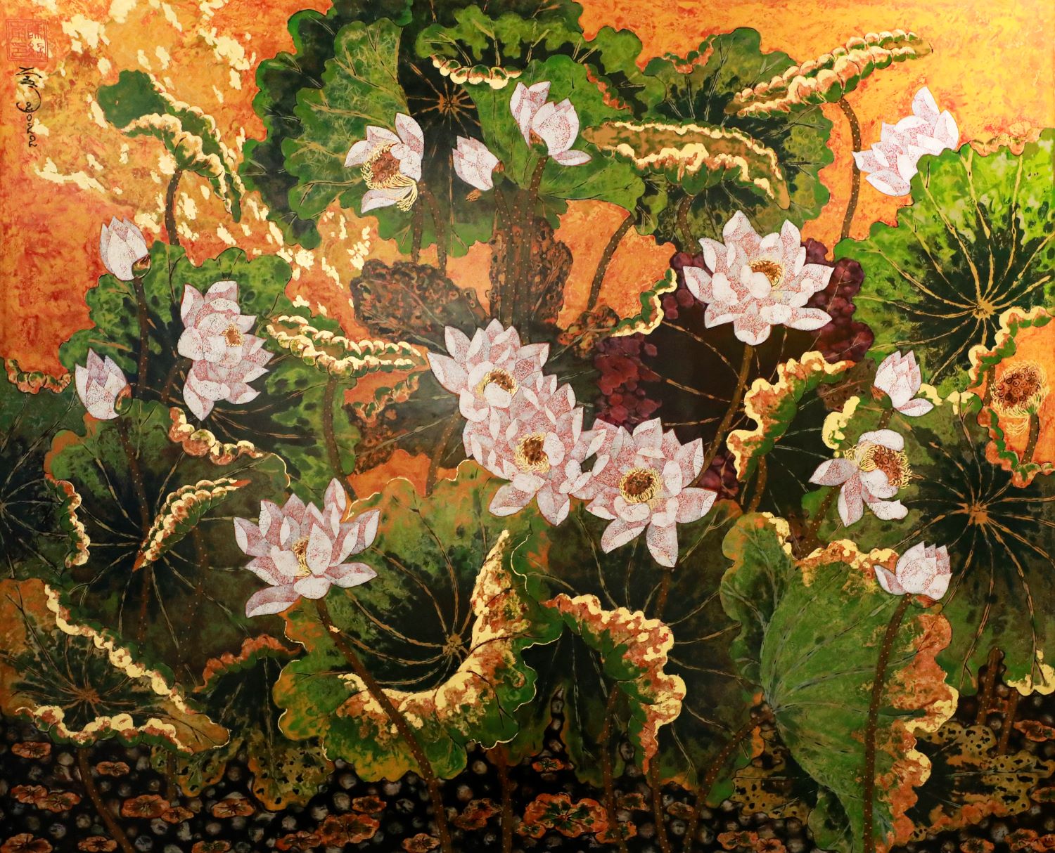 Lotus at Dawn I - Vietnamese Lacquer Painting by Artist Tran Thieu Nam