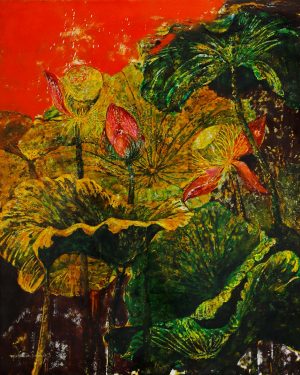 Lotus in Autumn - Vietnamese Lacquer Painting by Artist Giap Van Tuan