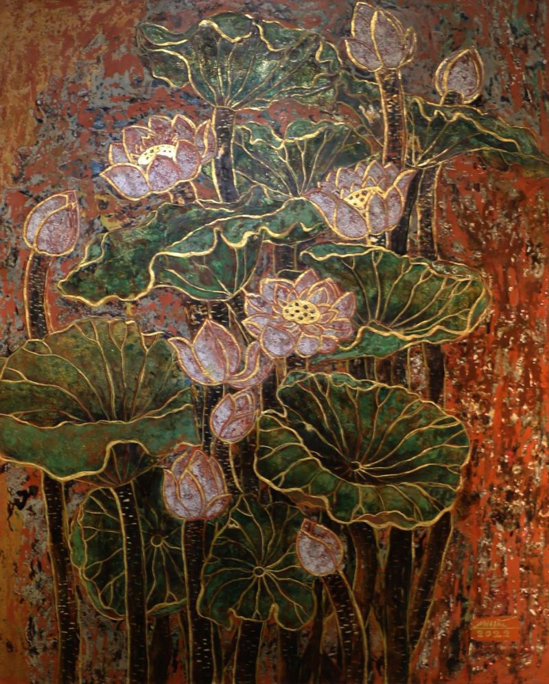 Lotus in Summer - Vietnamese Lacquer Painting by Artist Nguyen Minh Hai