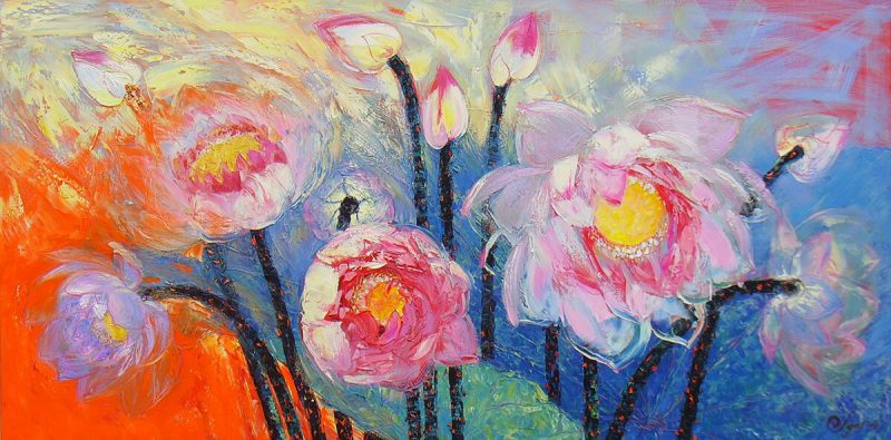 Lotus in the West Lake - Vietnamese Oil Paintings of Flower by Artist Dang Dinh Ngo