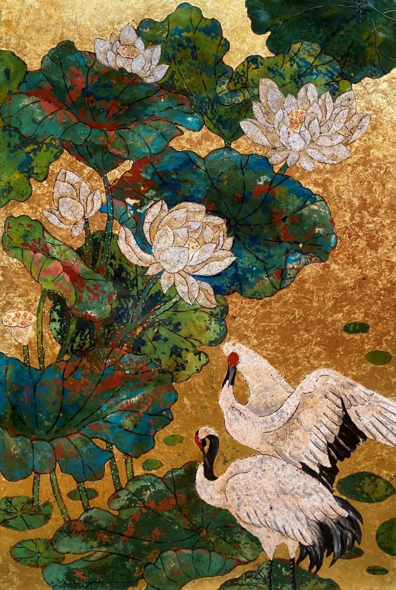 Love of Lotus - Vietnamese Lacquer Painting by Artist Chau Ai Van