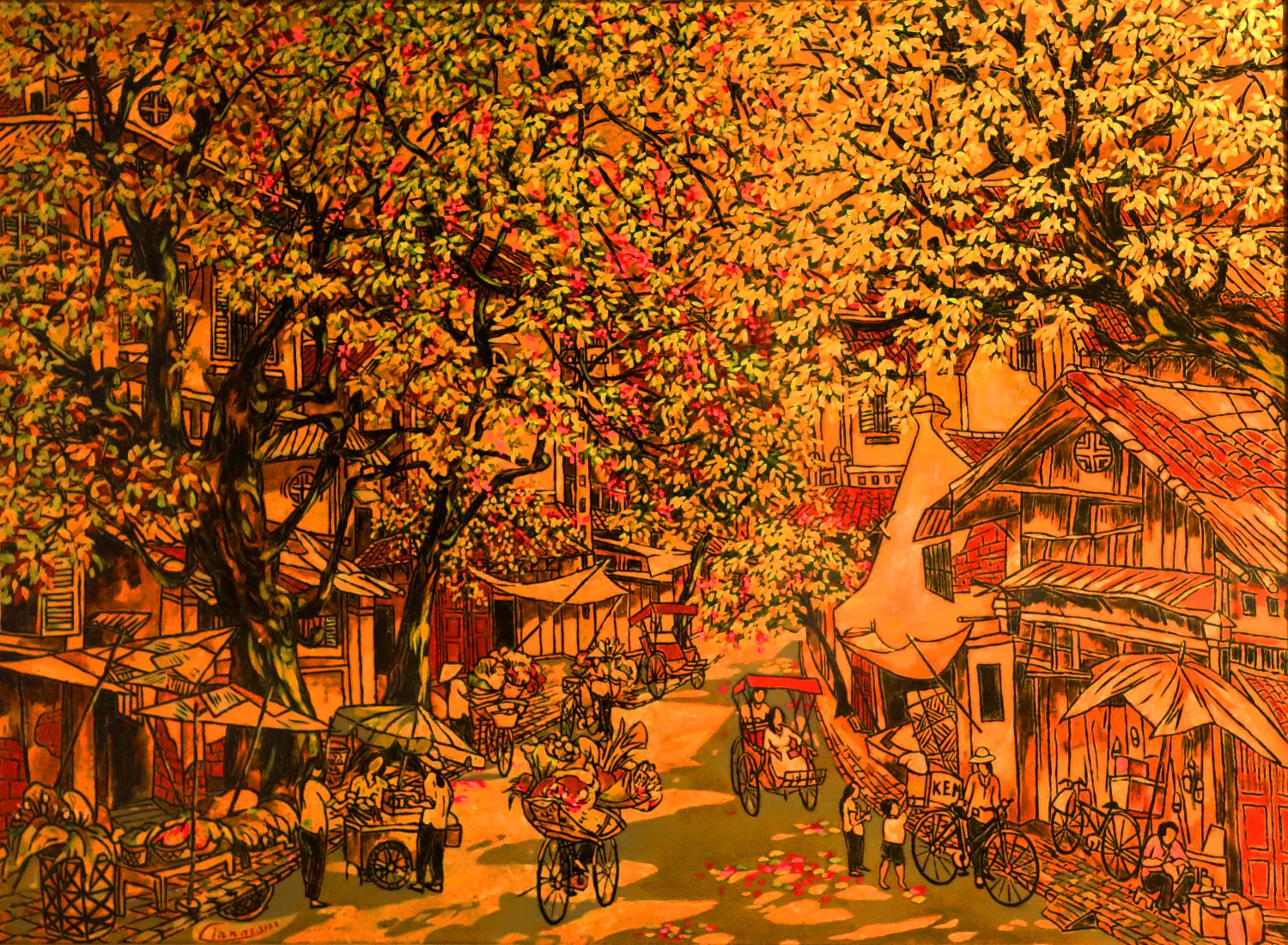 Luong Ngoc Quyen Street - Vietnamese Lacquer Painting by Artist Nguyen Hong Giang