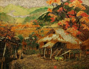 Mai Chau Golden Harvest - Vietnamese Lacquer Painting by Artist Le Khanh Hieu