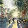 Rush Hours on Hang Bac St. Vietnamese Watercolor Painting By Artist Minh Dam