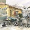 Hanoi Winter on Son Tay St. Vietnamese Watercolor Painting By Artist Minh Dam