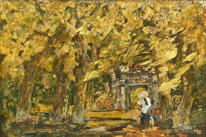 Mother's Hometown - Vietnamese Lacquer Painting by Artist Do Khai