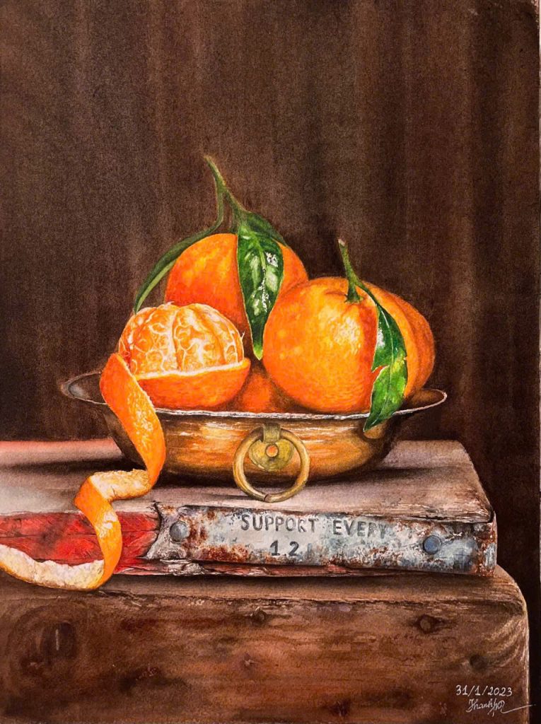 Sweet Orange Season Vietnamese Watercolor Painting by Artist Thanh Ha