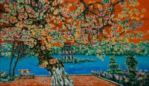 The Season Of Barringtonia II - Lacquer Painting by Artist Nguyen Van Nghia