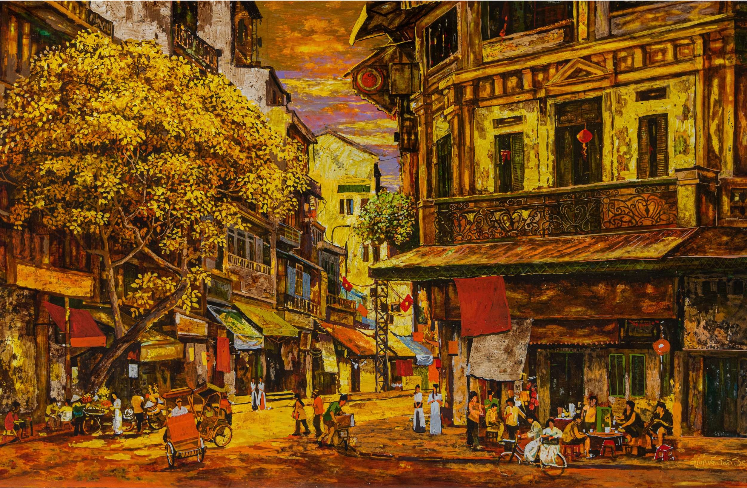 Autumn in the Old Quarter - Vietnamese Lacquer Painting by Artist Giap Van Tuan