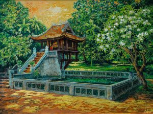 Late Sunlight in the Zen Sanctuary - Vietnamese Lacquer Painting by Artist Dau Quang Anh