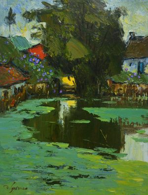 Neighborhood's Pond Bridge - vietnamese oil paintings