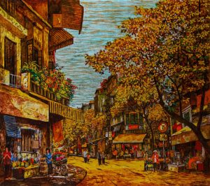 Old Quarter Crossroads - Vietnamese Lacquer Painting by Artist Giap Van Tuan