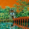 Ngoc Son Sacred Temple - Lacquer Painting by Artist Nguyen Van Nghia