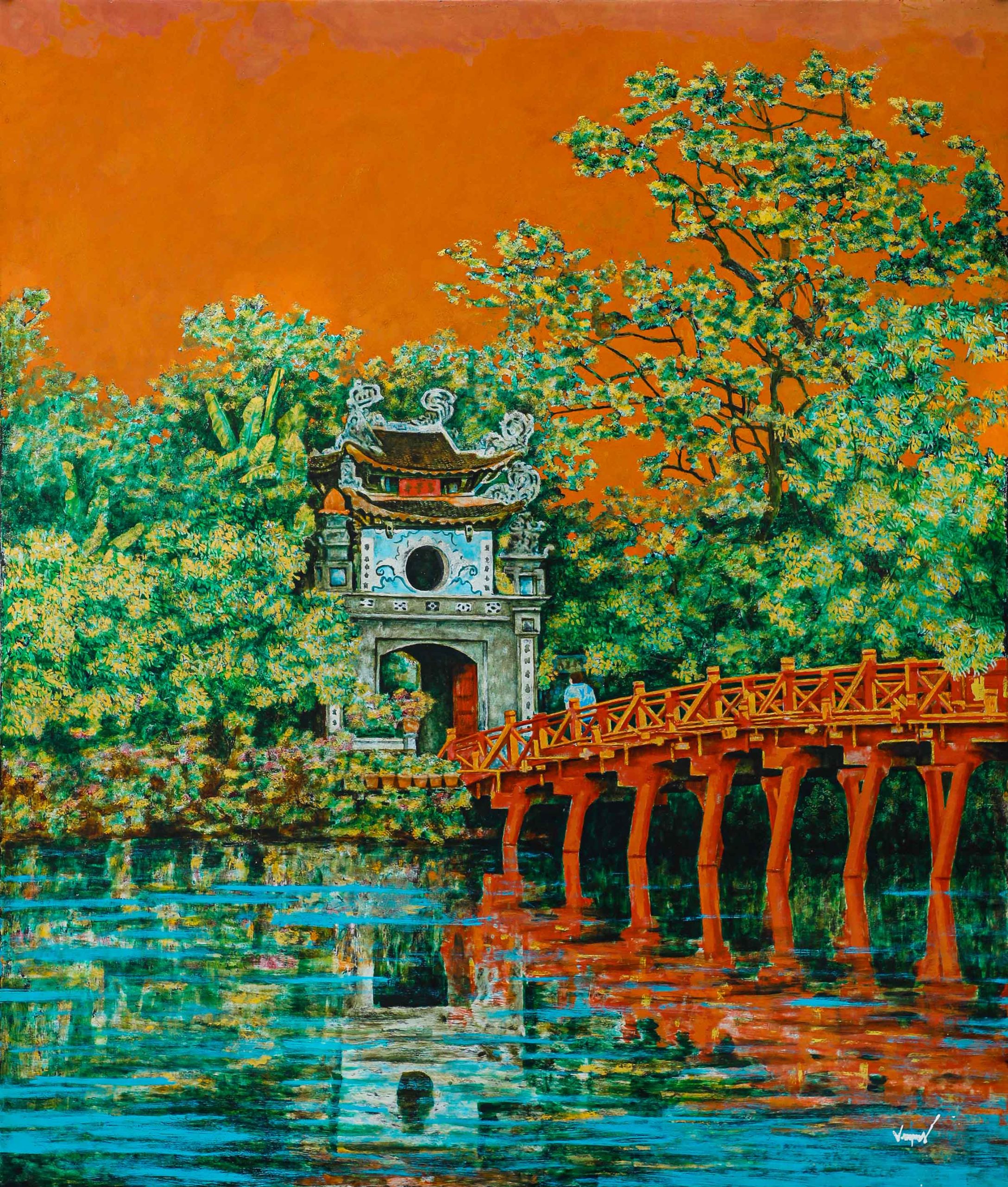 Ngoc Son Sacred Temple - Lacquer Painting by Artist Nguyen Van Nghia