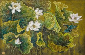 The Five Lotus Blossoms VII - Vietnamese Lacquer Painting by Artist Do Khai