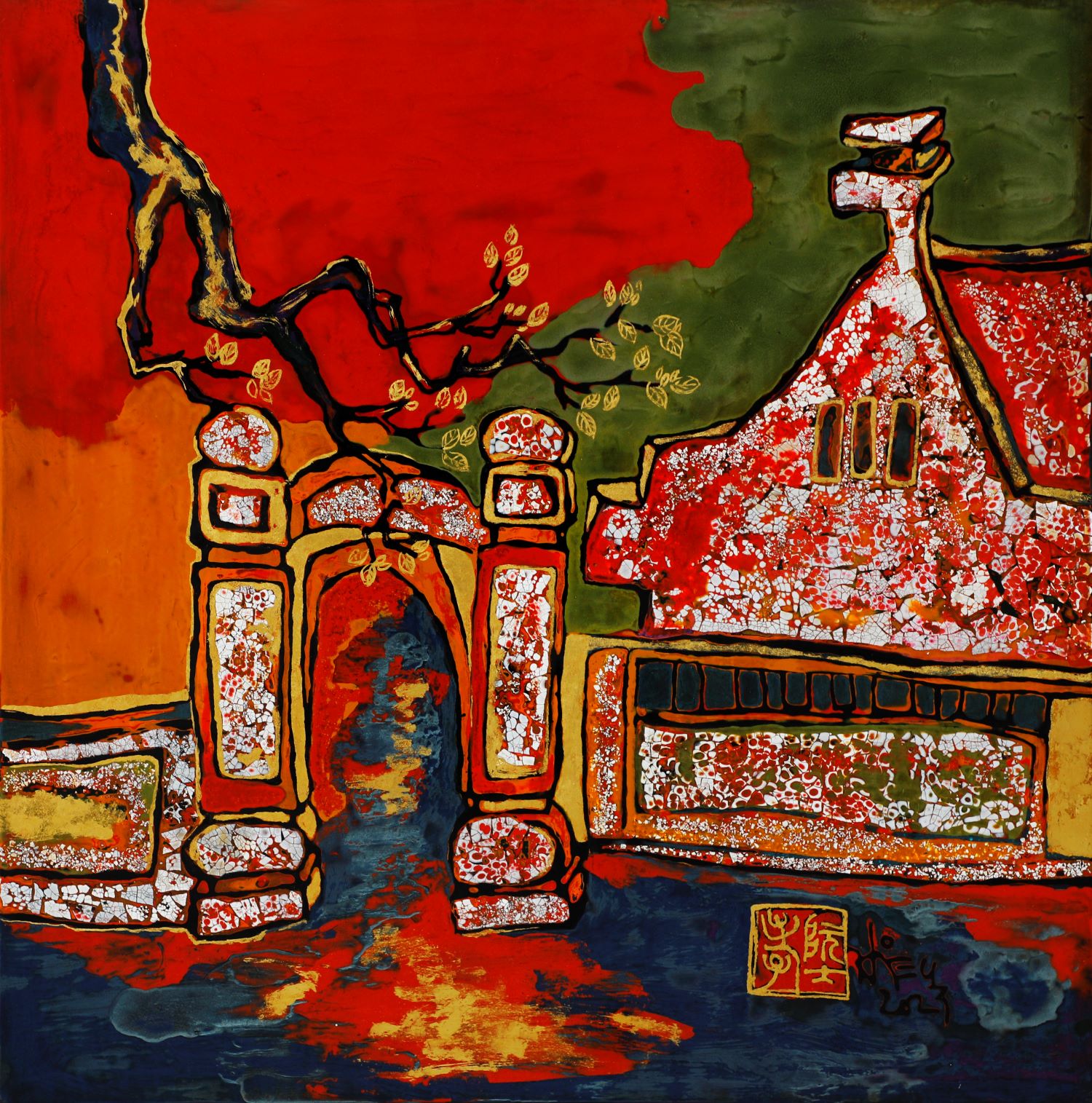 Old House - Vietnamese Lacquer Painting by Artist Sy Hieu