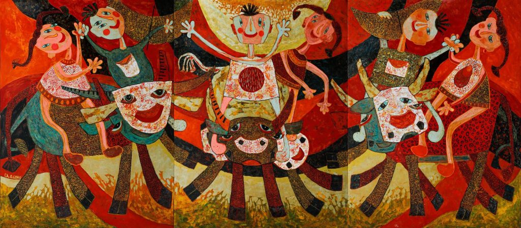 The Buffalo Boys IV - Vietnamese Lacquer Painting by Artist Ngo Ba Cong