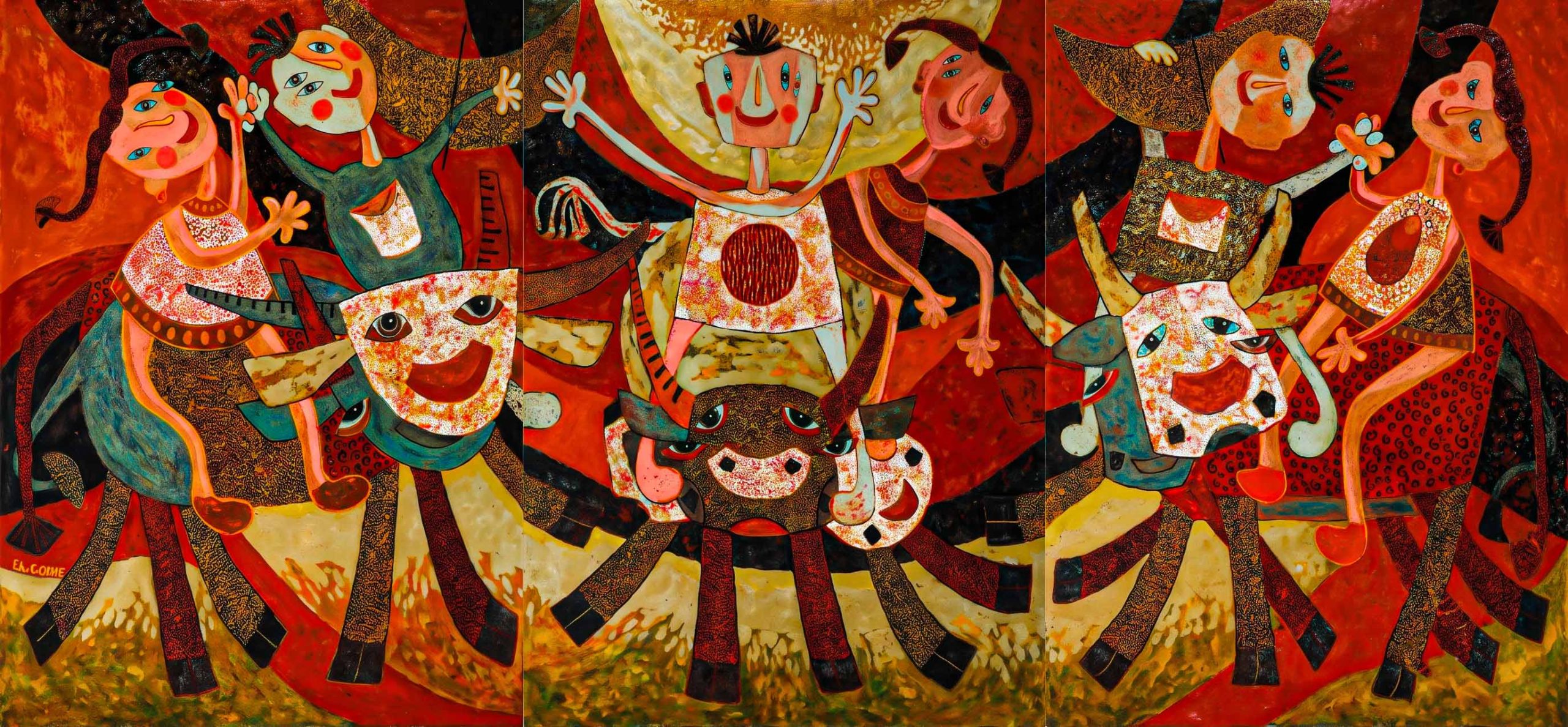 The Buffalo Boys IV - Vietnamese Lacquer Painting by Artist Ngo Ba Cong