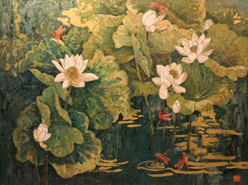 Summer Lotus I - Vietnamese Lacquer Painting by Artist Do Khai
