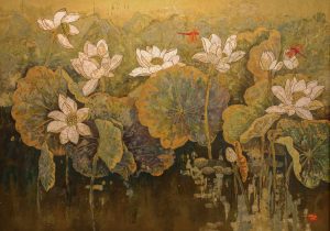 Summer Lotus II - Vietnamese Lacquer Painting by Artist Do Khai